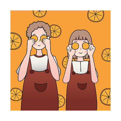 Cute drawing of a couple in love with oranges in their hands. love spouse