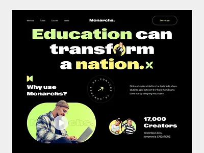 Monarchs- Online learning website dark mode design education education website graphic design inspiration kids learning landingpage modern design online learning online learning landingpage trendy design ui ui design uidesign uiux web website website design