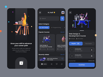 E-Learning App - Dark Mode 3d 3d illustration app app design dark mood design e learning education graphic design illustration minimal modern app design online course online learning ui uiux