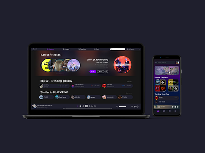 Music Streaming Web App + Mobile App (side-by-side) android app design google pixel ios iphone laptop mobile mockup music streaming spotify ui ux web app