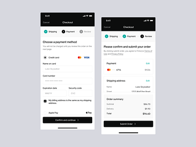 E-Commerce - Checkout checkout checkout flow clean credit card delivery method e commerce fintory form input field ios mobile multi step order details order summary progress bar quantity shopping cart ui user interface ux