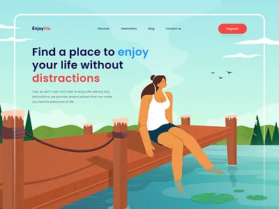 Enjoylife Travel - Header Landing Page 🍂 branding clean clean ui daily design flat illustration graphic design header illustration lake scenery travel ui ui design uiux ux vector