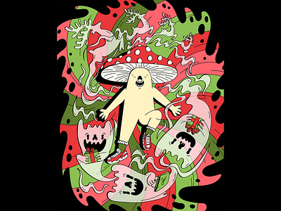 Santa Is a Psychedelic Mushroom amanita muscaria christmas dope editorial flying ghosts green illustration lapland mushroom psychedelic raindeers red santa shaman shrooms trip vector winter solictice xmas