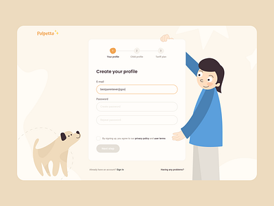 Educational platform for children beige children dog education illustration inactive input kids learning mentalstack parent pastel pet registration school sign in sign up stepper steps web