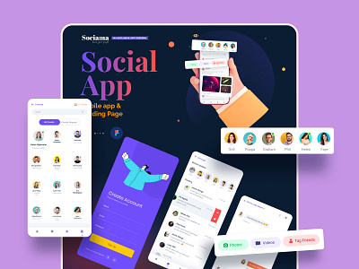 Sociama | The Social Mobile App application design b2c app beautiful design beautiful mobile app dark mode design design studio easy design easy to use design figma illustration in mobile design light mode mobile app design product design purple social media app ui ui design ux ux design