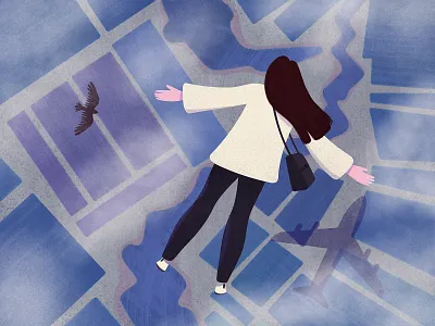 Immigration. adobe illustrator adobe photoshop bird blue editorial feeling flight flying from above girl illustration illustrator immigration land plane texture