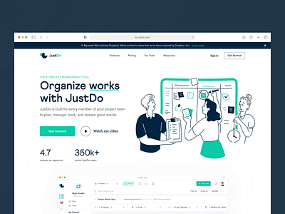 JustDo - Task Management Tools Landing Page animation clean design features homepage illustration interaction landing page landingpage manage manage task minimal modern project management schedule task management testimonials ui ux website