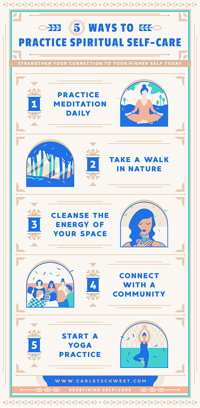 5 Ways to Practice Spiritual Self-care [ infographic design ] brassai cleanse community design energy health illustration meditation nature peaceful self care spiritual szende vector yoga