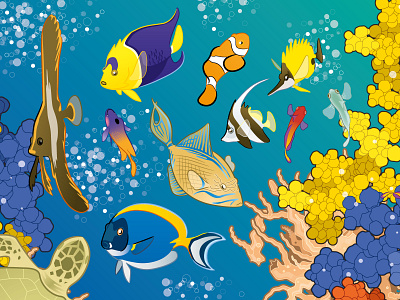 Coral Reef anemone anemonefish clownfish coral ecosystem fish marine nature nemo ocean reef sea surgeonfish turtle underwater vector graphics