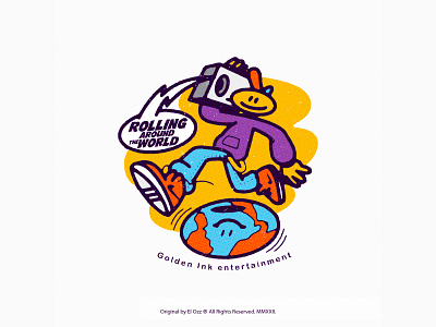 Rolling Around The World badge character character design diseño drawing golden ink guadalajara happy face illustration logo merch music nike record retro sticker style tees vector world