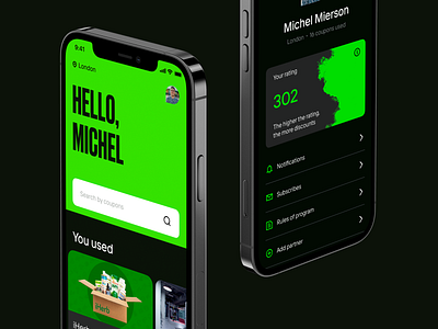 First view for a coupon app app benefits condensed coupons dark discount green profile sale search typography ui ux welcome