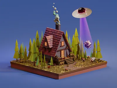 Похищение коровы | Low poly farm 3d blender cabin cows cute diorama farm house illustration isometric low poly lowpolyart modeling render stylized ufo домик иллюстрация моделирование