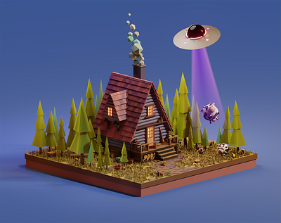 Похищение коровы | Low poly farm 3d blender cabin cows cute diorama farm house illustration isometric low poly lowpolyart modeling render stylized ufo домик иллюстрация моделирование