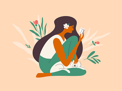 Relax time beauty book cat flower girl girl character hobby illustration leisure lifestyle nature pet read reading relax rest selfcare vector woman woman character