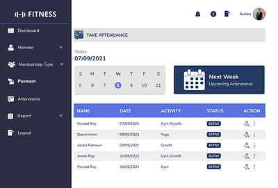 GYM Attendance page / UI/UX Design application design branding color frame design illustraion ui ux