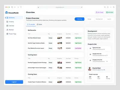 HouseMade - Task & Project Management App Dashboard | UX app dashboard calendar housemade mobile app product design project project management project manager. saas dashboard saas website schedule task management to do list tracking ui design ux design uxui web app workflow