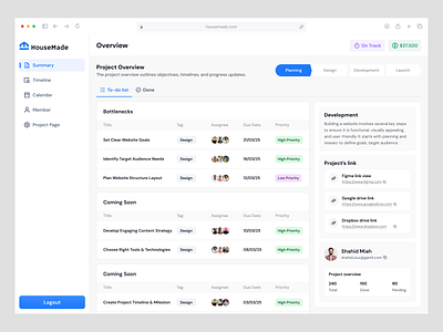 HouseMade - Task & Project Management App Dashboard | UX app dashboard calendar housemade mobile app product design project project management project manager. saas dashboard saas website schedule task management to do list tracking ui design ux design uxui web app workflow