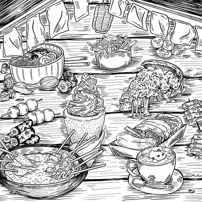 Food Doodle Art art therapy black and white branding cartoon coloring book cute design doodle food foodart graphic design illustration illustrator kawaii lineart pen and ink poster art poster design procreate sketching