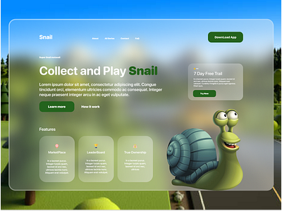 Game Snail collect web Design 2d 3d charcter clean design figma game glass glassmorphisim glassmorphism green home landing landing page play snail ui ui design ux web