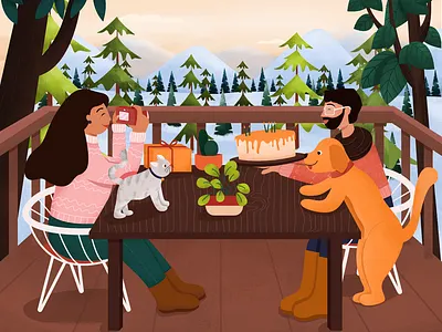Birthday in the mountains 2d birthday cat character couple cozy dog holiday illustration mountains nature sweater vacation