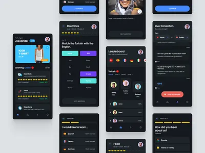 Language Learning (Dark) app dark education educational language learning mobile ui ux