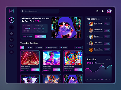 S-NFT Art Marketplace Dashboard Design art artists bitcoin blockchain buy creativepeoples crypto crypto art cryptocurrency dashboard ethreum marketplace nft art nft marketplace nft platform nft product token trending uiux web design