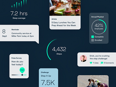 Navigate Wellbeing Solutions — Program Features activity alert biometrics charts data design exercise graphs health healthcare infographics play reminder sleep step counter survey ui ux video wellness