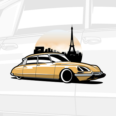 Yellow Citroen DS in Paris art automobile automotive automotive art car car art car drawing cars citroen design drawing ds france graphic design illustration logo paris vector vector art