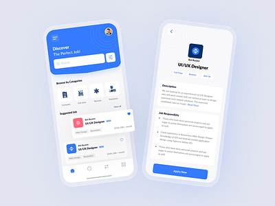 Job searching app app blue clean job job board job searching app jobs minimal mobile mobile app modern search splash screen ux white