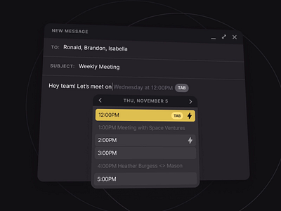 Auto-complete for the calendar animation app calendar cards design email extension interface meetings motion new mail new message scheduling ui ux web