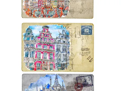 Vintage Watercolor Postcards collage design england ephemera italy junkjournal paris