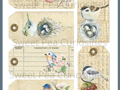 Bird Tags, Ephemera birds collage design ephemera junkjournal tags