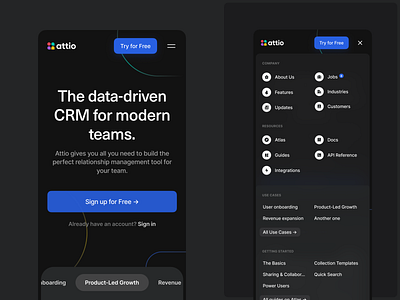 Attio – Mobile Navigation attio clean dark geometric graphic design hamburger icons menu minimal mobile navigation phone responsive saas tech ui