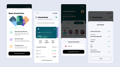 Raven Bank - Virtual Cards credit card credit card ui credit cards app dailui debit card debit card ui design finance finance app fintech raven bank ravenbank ui uid ux uxui virtual cards web