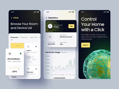 Click, Smart Home App 3d air conditioner animation chart click control dashboard graph home interaction lamp lamp control motion onboarding smart smart home statistics ui user interface wifi control