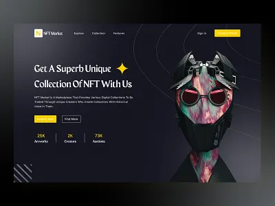 NFT Market - Landing Page art bitcoin blockchain branding crypto cryptoart dark design ethereum exploration gradient landing page landingpage minimalist nft nfts token ui ux web design