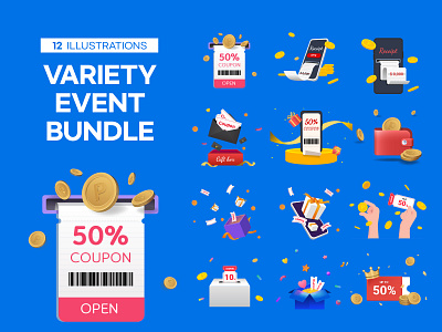 Variety event bundle 3d graphic bundle coupon coupon bundle event bundle event coupon event illustration event source giftbox graphic design illustration point promotion coupon sale coupon