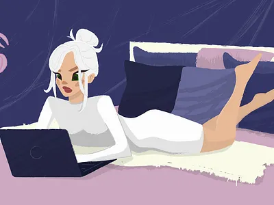 The girl at the laptop on the bed. design illustration vector
