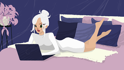 The girl at the laptop on the bed. design illustration vector