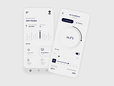 IOT Smart home mobile app air conditioner button buttons card chart home page icons iot light mode nav bar panel smart home ui
