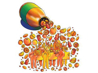The Perls of Folklore - BBC Science Focus affinity affinity designer bottle character design editorial editorial illustration folk medicine graphic green illustration medicine orange pills protestors red research studies vector vitamin c vitamines