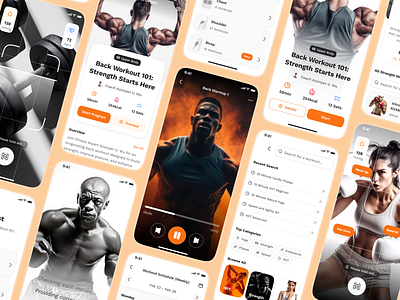 sandow v2: AI Fitness & Nutrition App | Smart Workout Flow UI ai fitness app ai workout app clean coaching app exercise app exercise ui explore workout figma ui kit fitness mobile app fitness ui kit minimal modern orange personalized fitness smart fitness smart workout wellness app workout app workout playlist workout ui