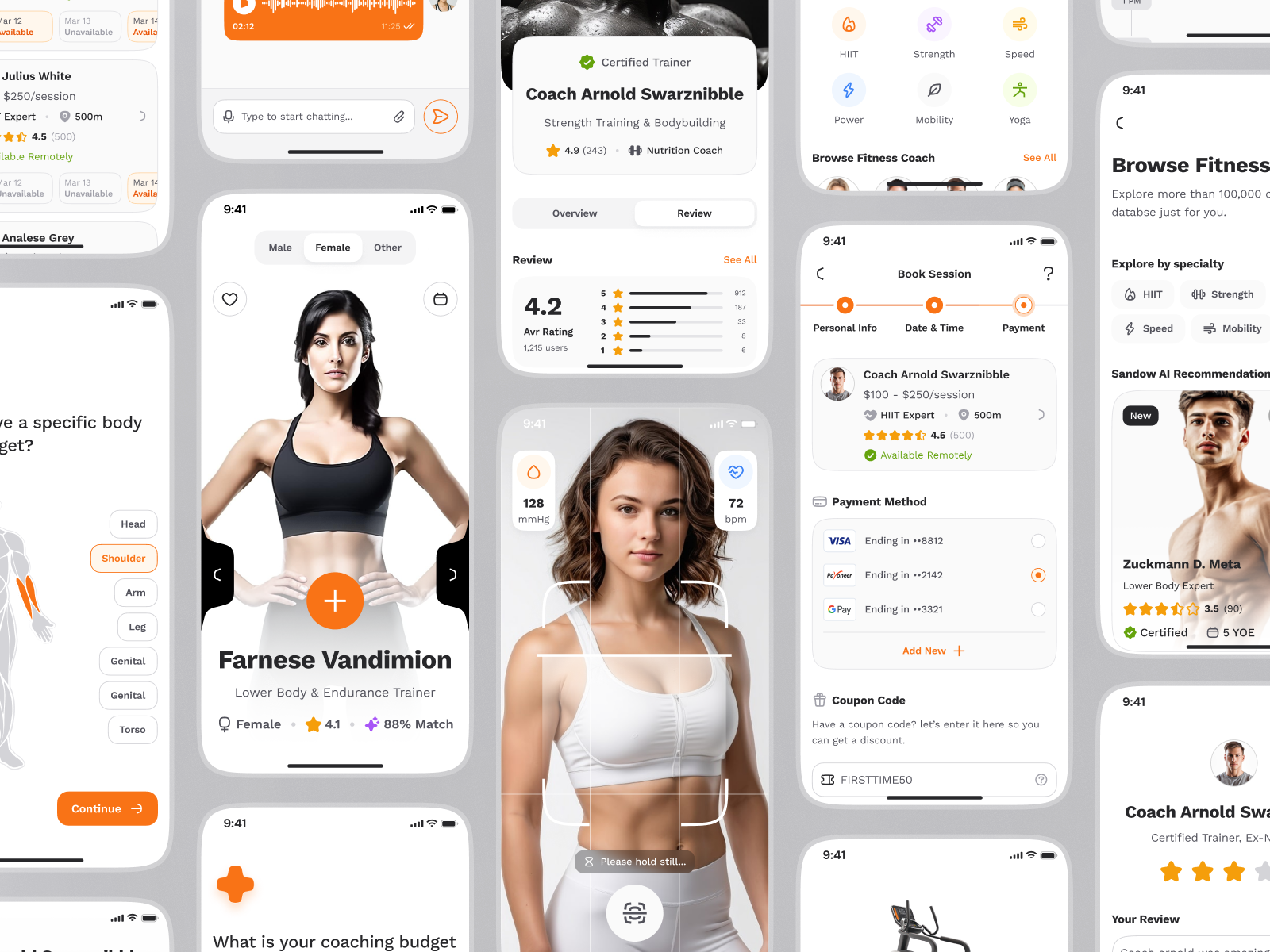 sandow v2: AI Fitness & Nutrition App | Virtual Coach Training ai fitness app ai fitness coach ai workout app clean coaching app figma ui kit fitness coach app fitness companion app fitness mobile app fitness ui kit minimal modern orange personalized fitness smart fitness smart workout virtual coach app virtual fitness app wellness app workout app