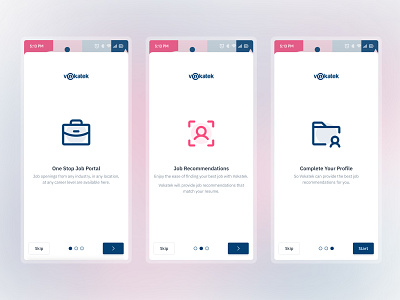 Vokatek - Onboarding process 🪧 dark blue denim blue job portal app mobile app mobile design mobile ui onboarding pink ui design uiux ux design