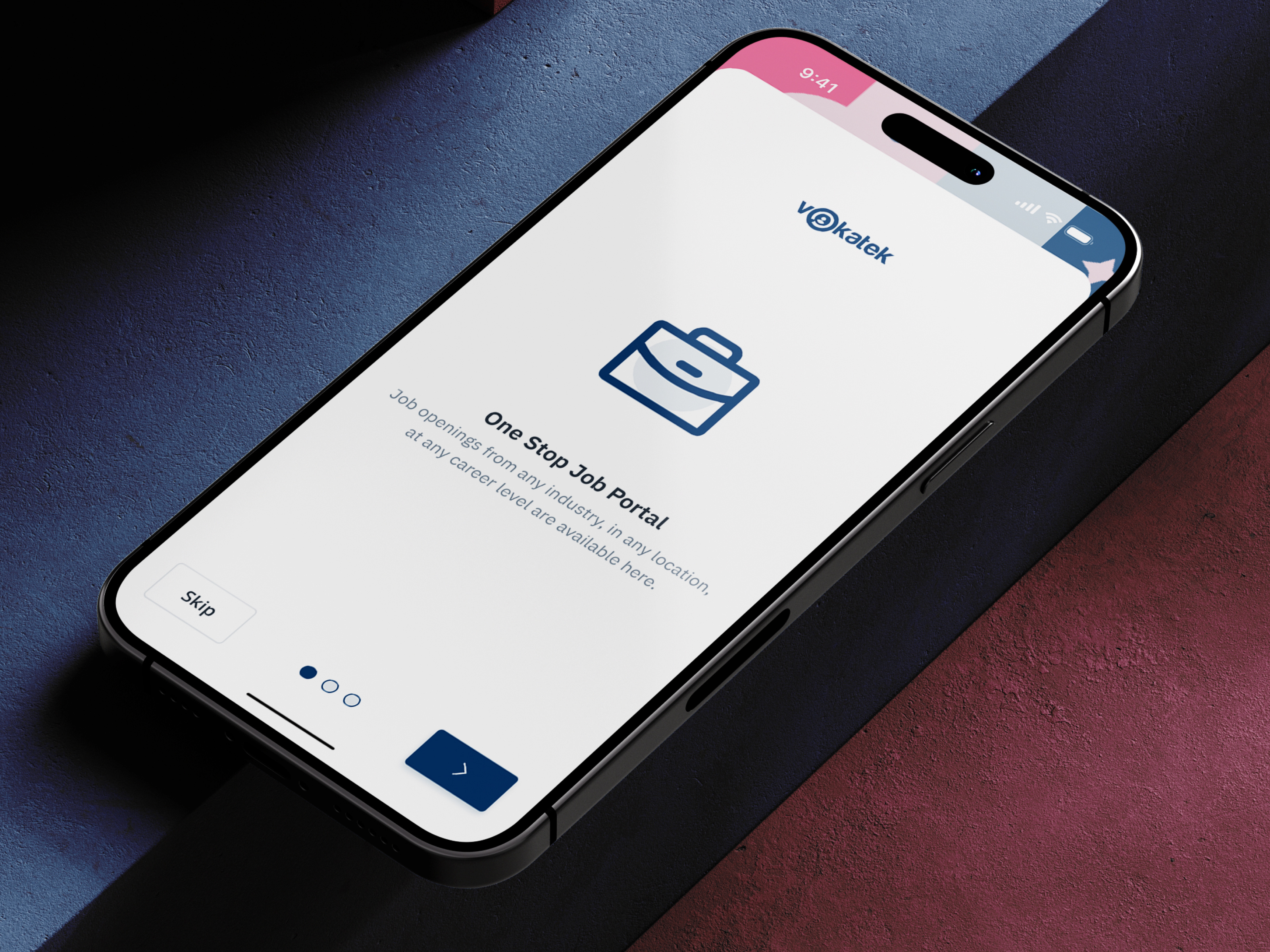 Vokatek - Onboarding process 🪧 dark blue denim blue job portal app mobile app mobile design mobile ui onboarding pink ui design uiux ux design