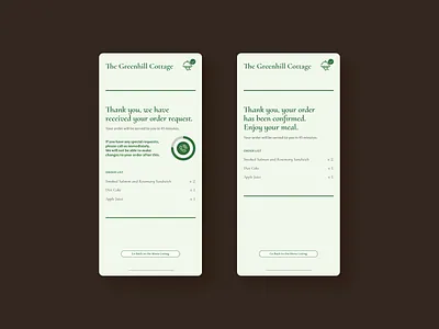 The Greenhill Cottage | Daily UI Challenge 054 (Confirmation) app confirmation daily ui dailyui dailyuichallenge in room dining menu review ui