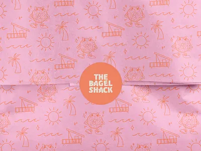 Brand Pattern | The Bagel Shack bagel shop beach vibes brand identity brand marks brand pattern brand presentation branding cartoon design illustration logo mascot packaging design pattern stickers submark summer surface design surfacepattern tissue paper