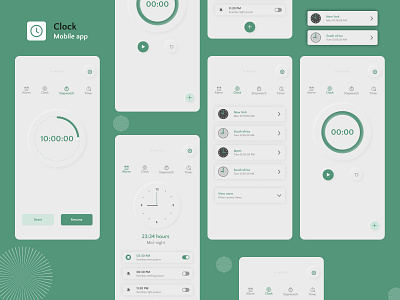 Mobile Clock App ( Neomorphic / embossed design ) alarm app clock design embossed figma green neomorphic prototype stop watch timer ui ui design ux ux design watch world clock