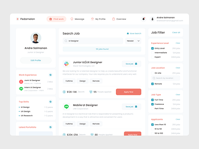 Pedamelan - Job Finder Platform Dashboard career dashboard find job find work finder hire hiring job job finder job listing job platform job portal job search platform search ui design website