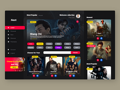 Next- Desktop app cinema dashboard clean ui dark dashboard desktop app film imdb interface minimal movies netflix product design series streaming tv series tv show ui ui design ux web app